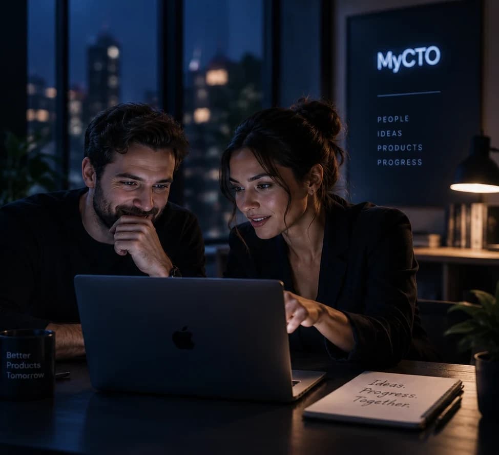 Two people reviewing a product together on a laptop in a night-time office