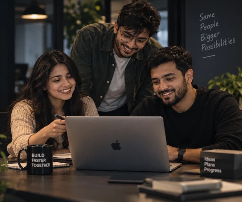 Three MyCTO colleagues working together at a laptop in the studio
